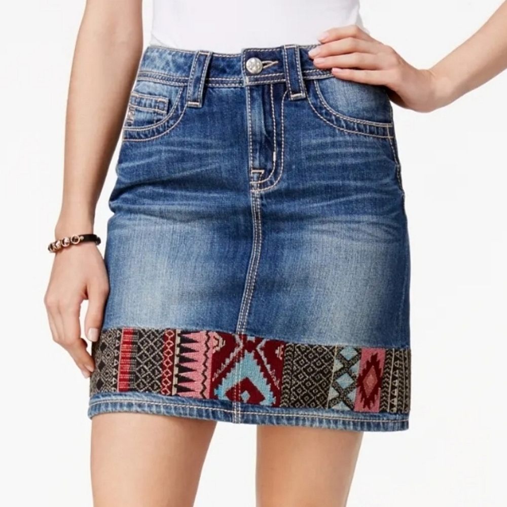 MISS ME JEANS High-Rise Embroidered Blue Denim Skirt WAIST SIZE: 25